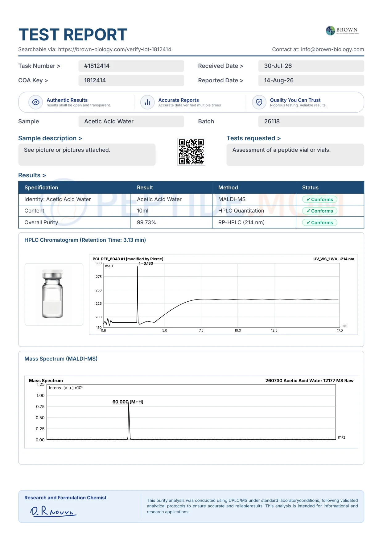 COA لـ Acetic Acid Water
