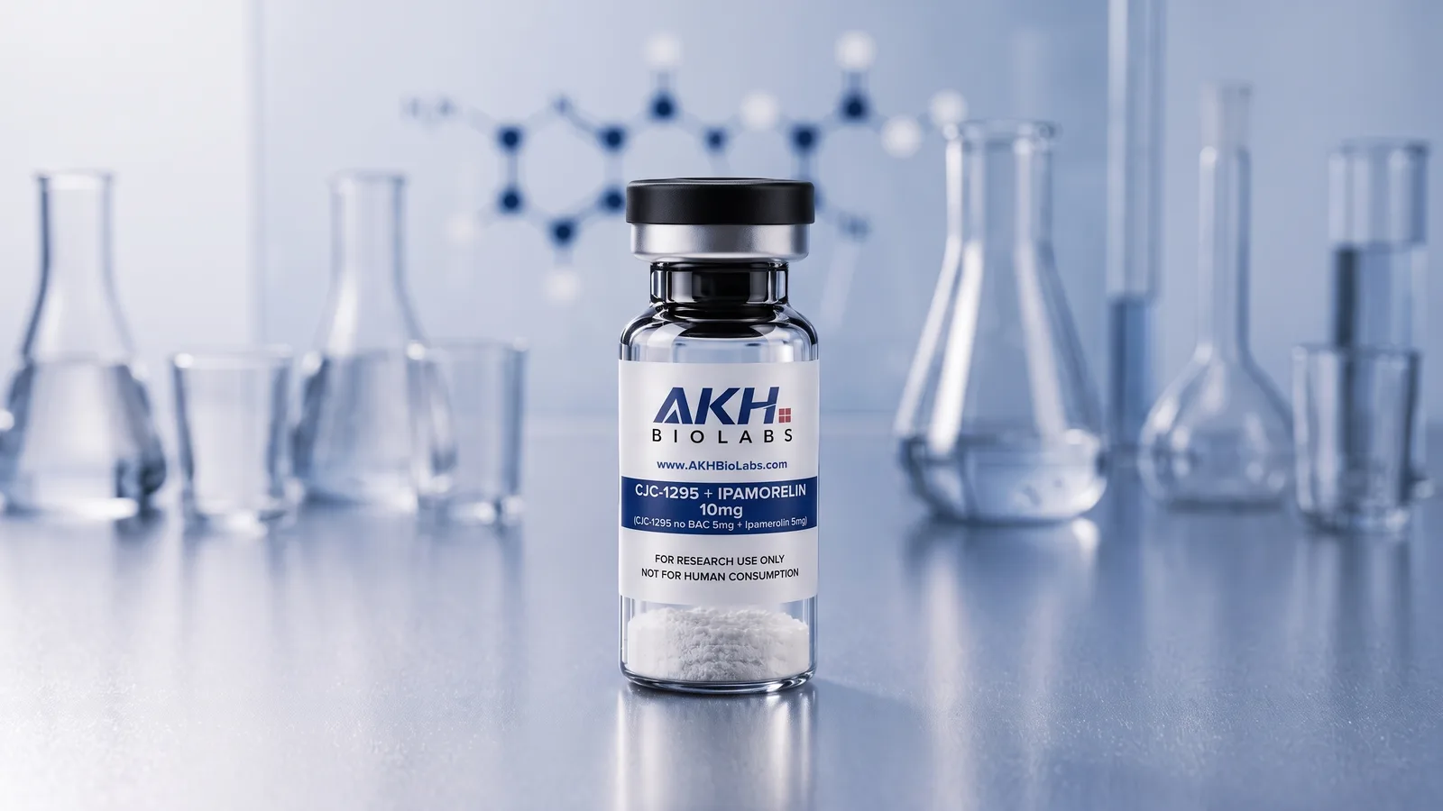 CJC-1295 + Ipamorelin research vial on a laboratory bench