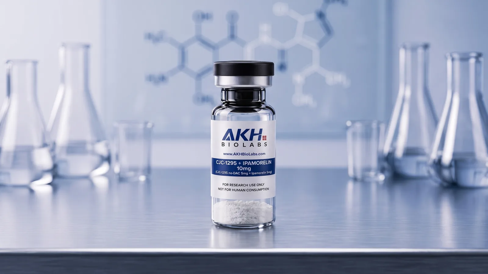 CJC-1295 + Ipamorelin research vial on a laboratory bench
