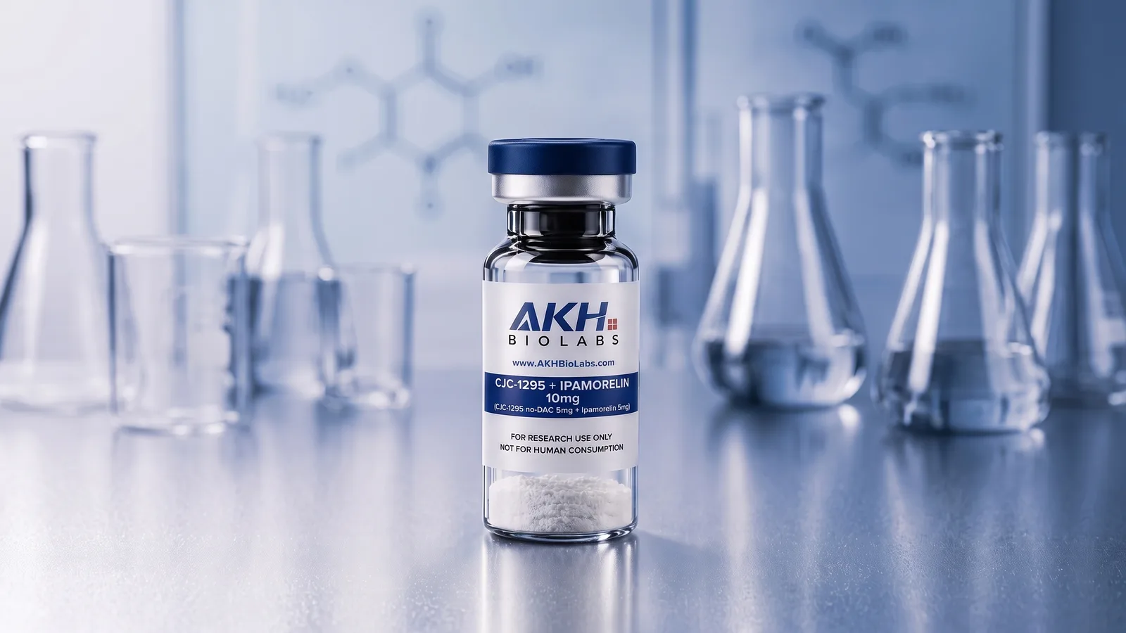 CJC-1295 + Ipamorelin research vial on a laboratory bench