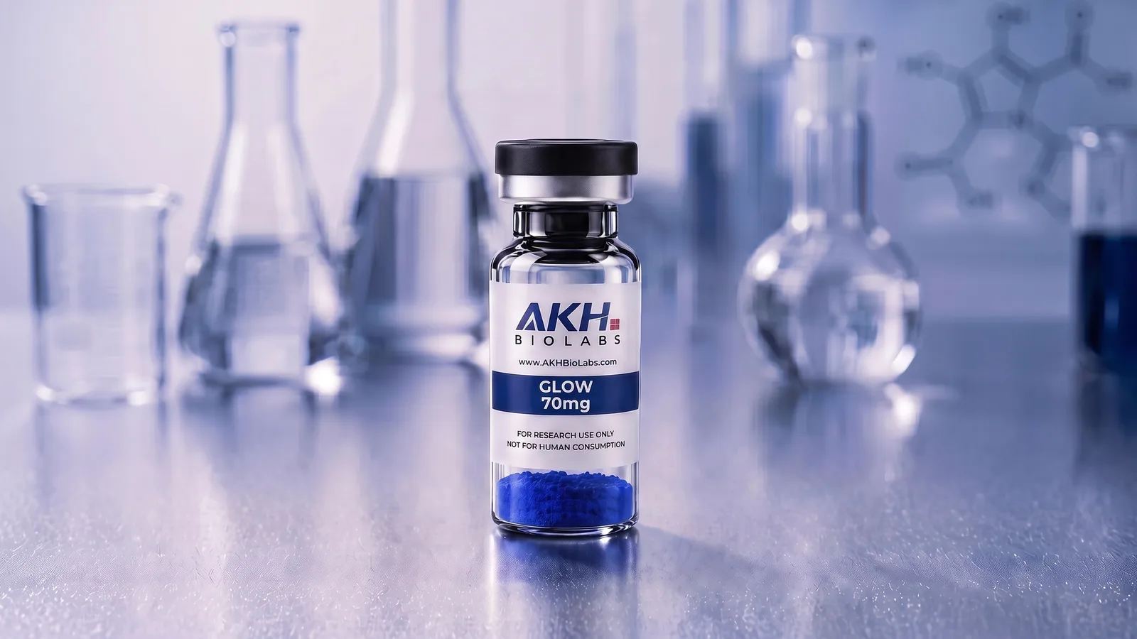GLOW research vial on a laboratory bench