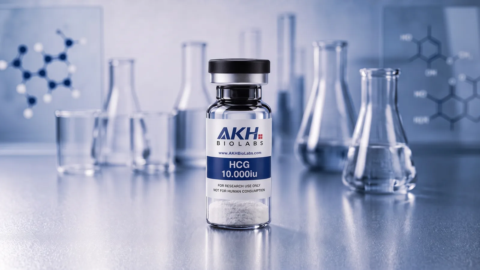 HCG research vial on a laboratory bench