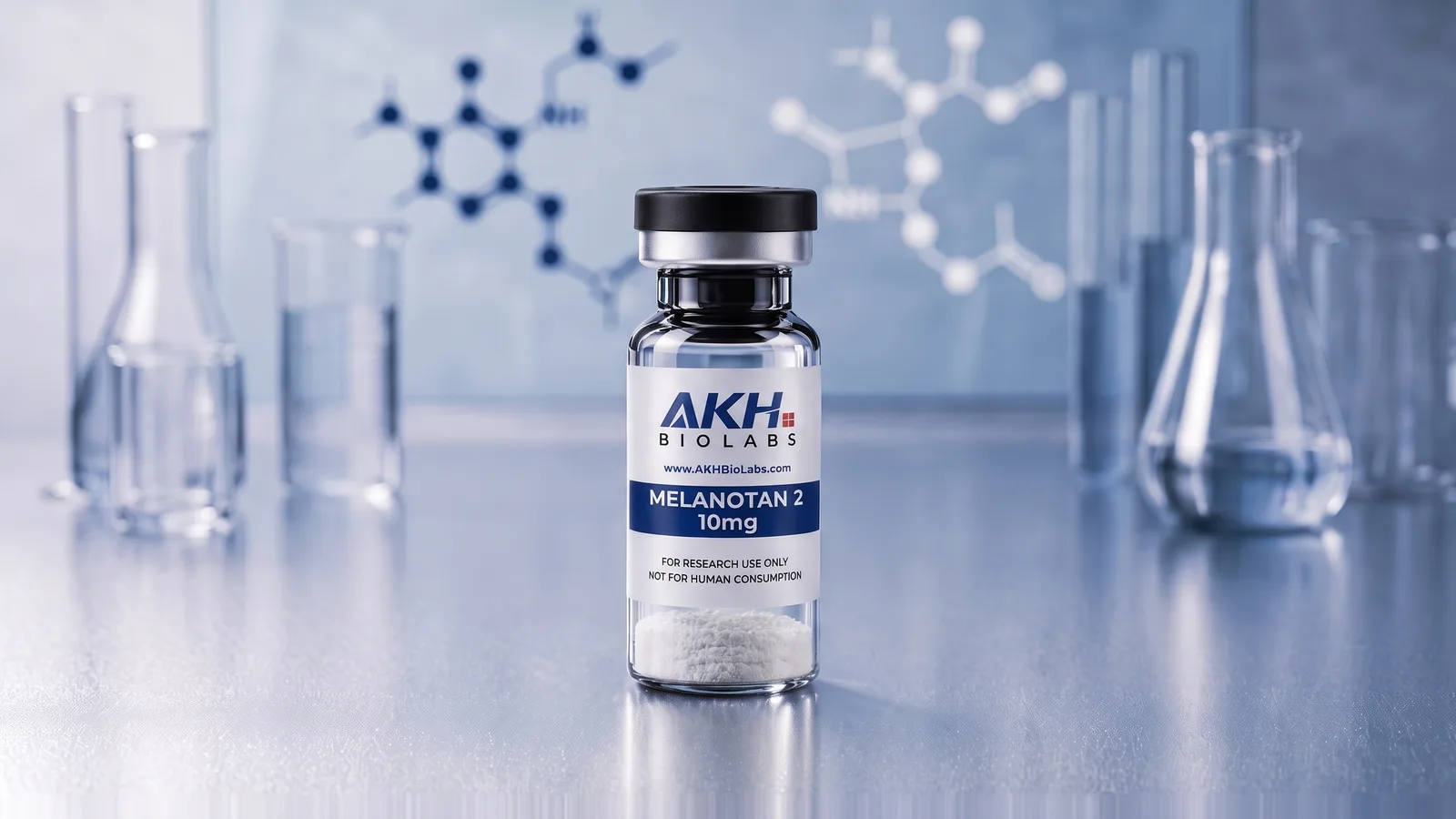Melanotan 2 research vial on a laboratory bench