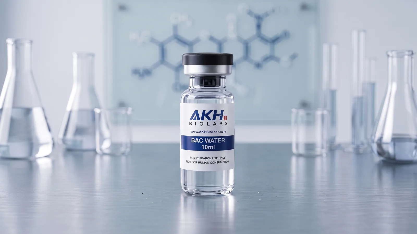 Bacteriostatic Water research vial on a laboratory bench