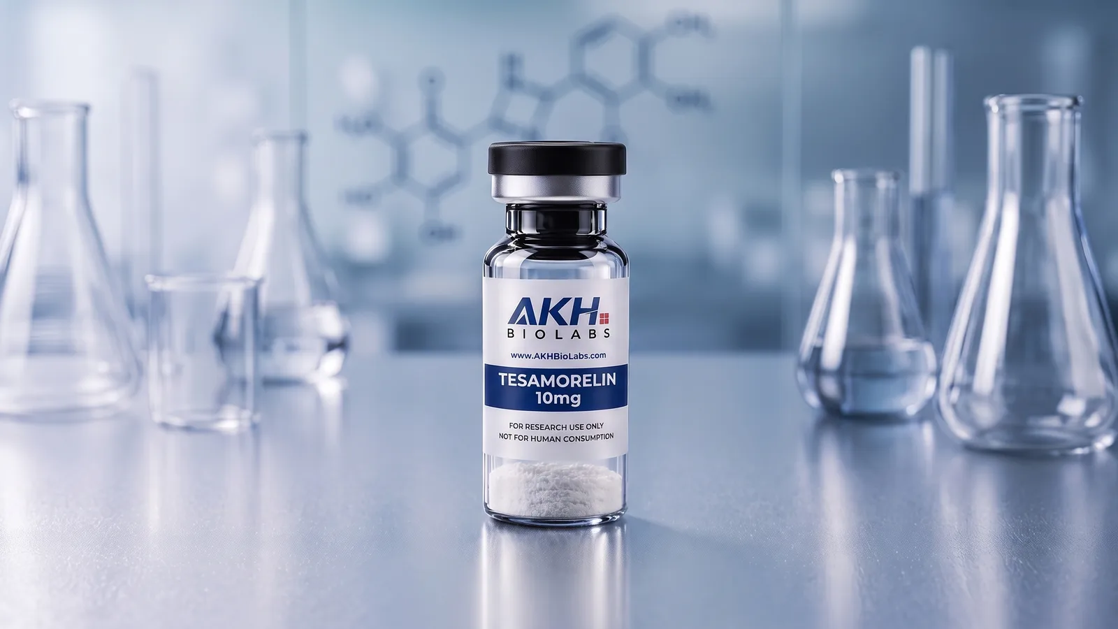 Tesamorelin research vial on a laboratory bench