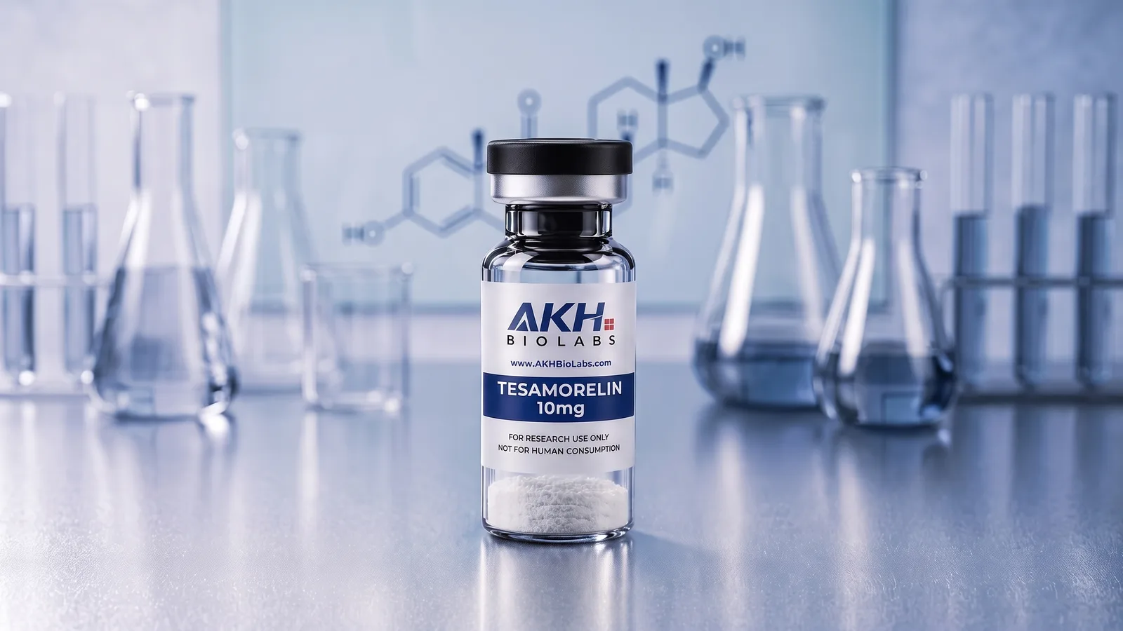 Tesamorelin research vial on a laboratory bench