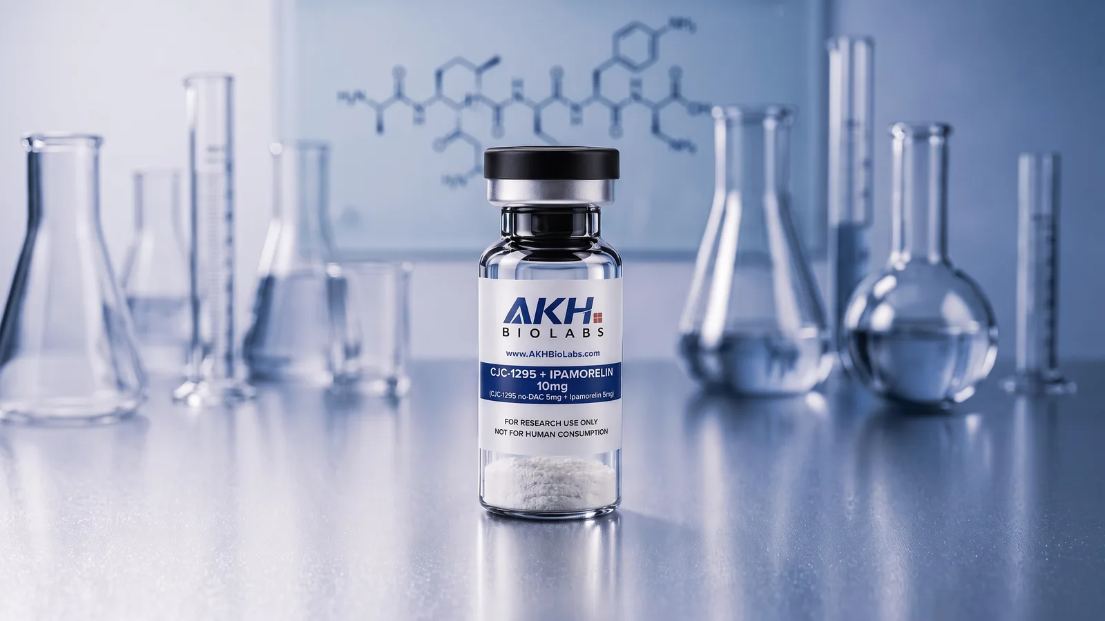 CJC-1295 + Ipamorelin research vial on a laboratory bench