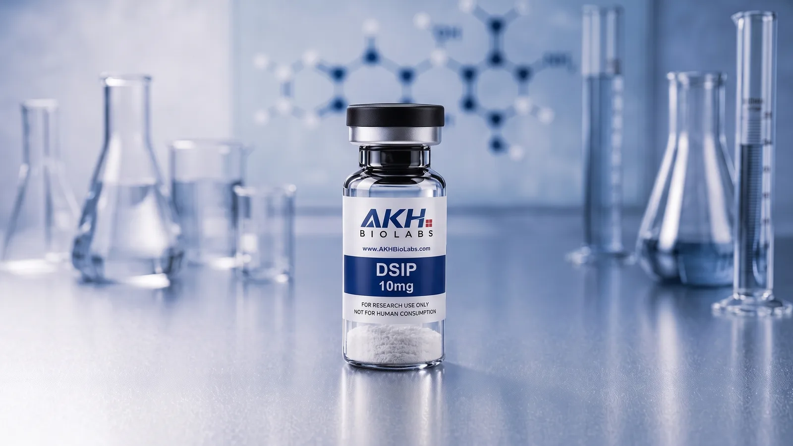 DSIP research vial on a laboratory bench