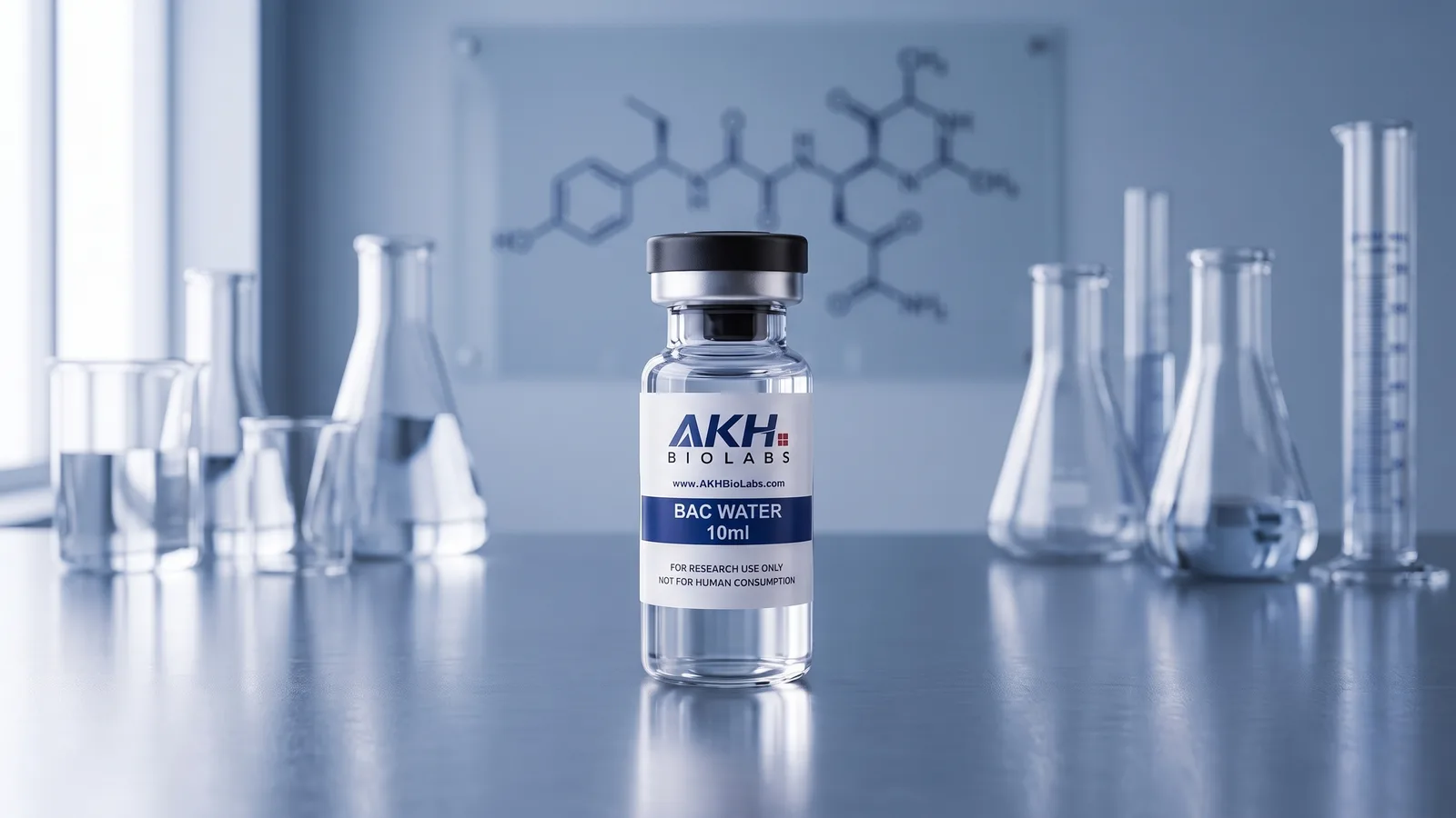 Bacteriostatic Water research vial on a laboratory bench