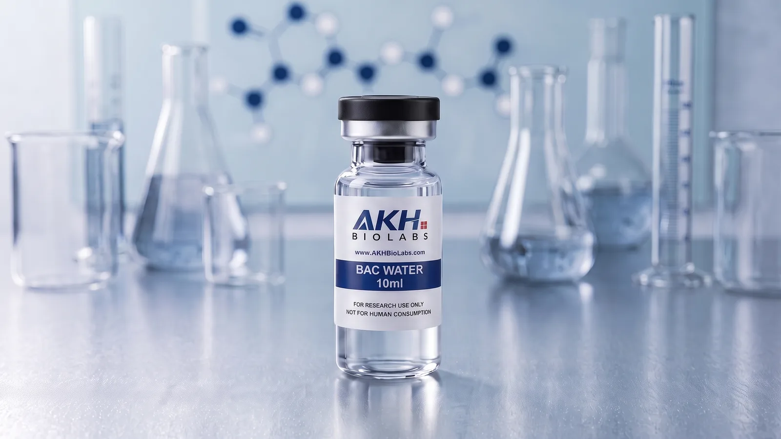 Bacteriostatic Water research vial on a laboratory bench