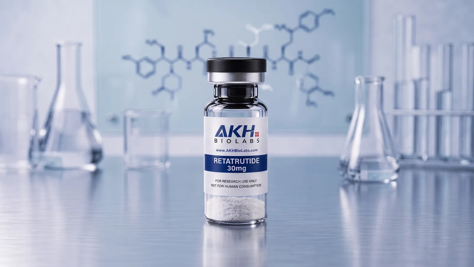 Retatrutide research vial on a laboratory bench
