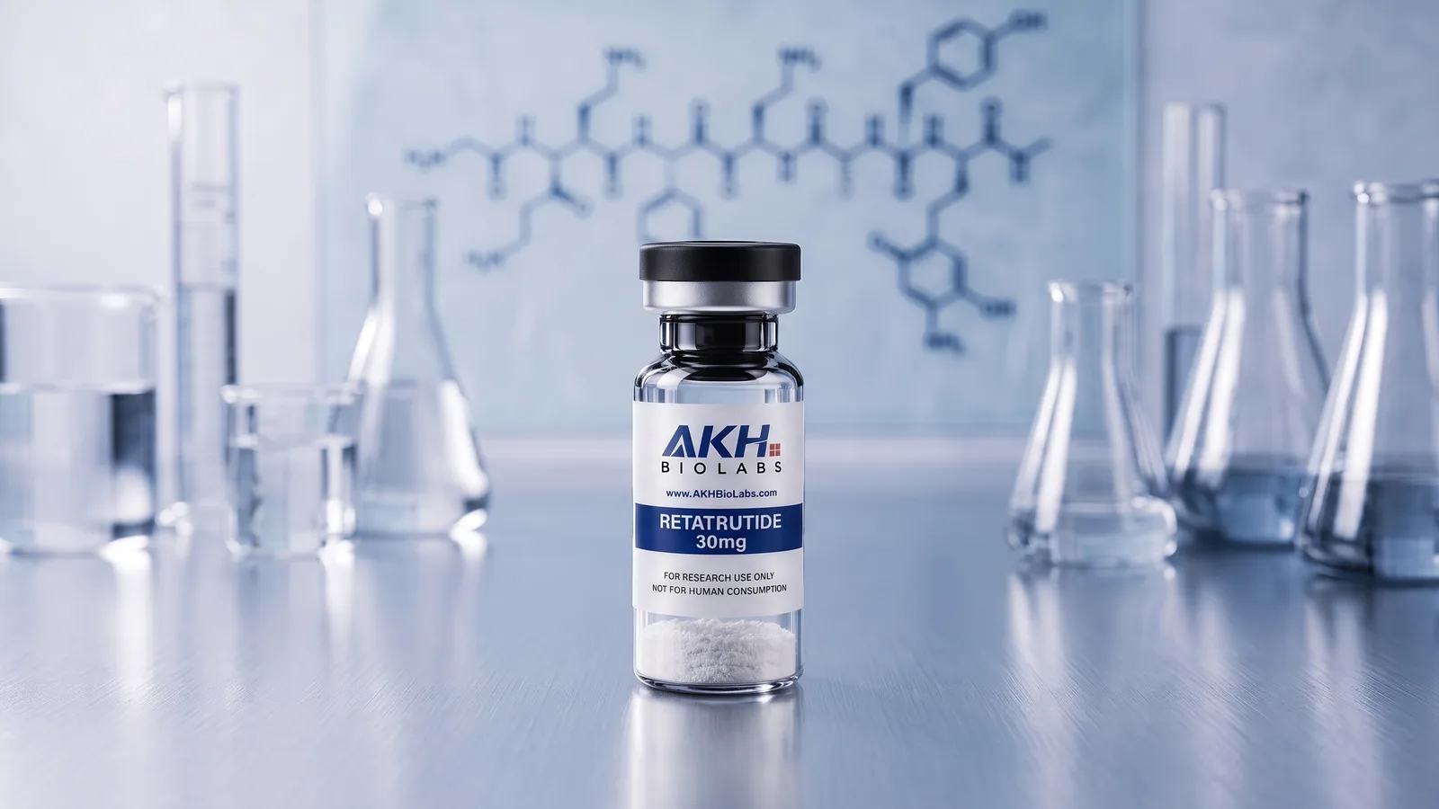 Retatrutide research vial on a laboratory bench