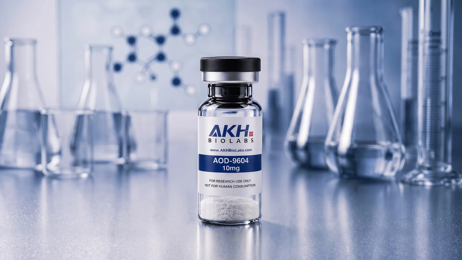 AOD-9604 research vial on a laboratory bench