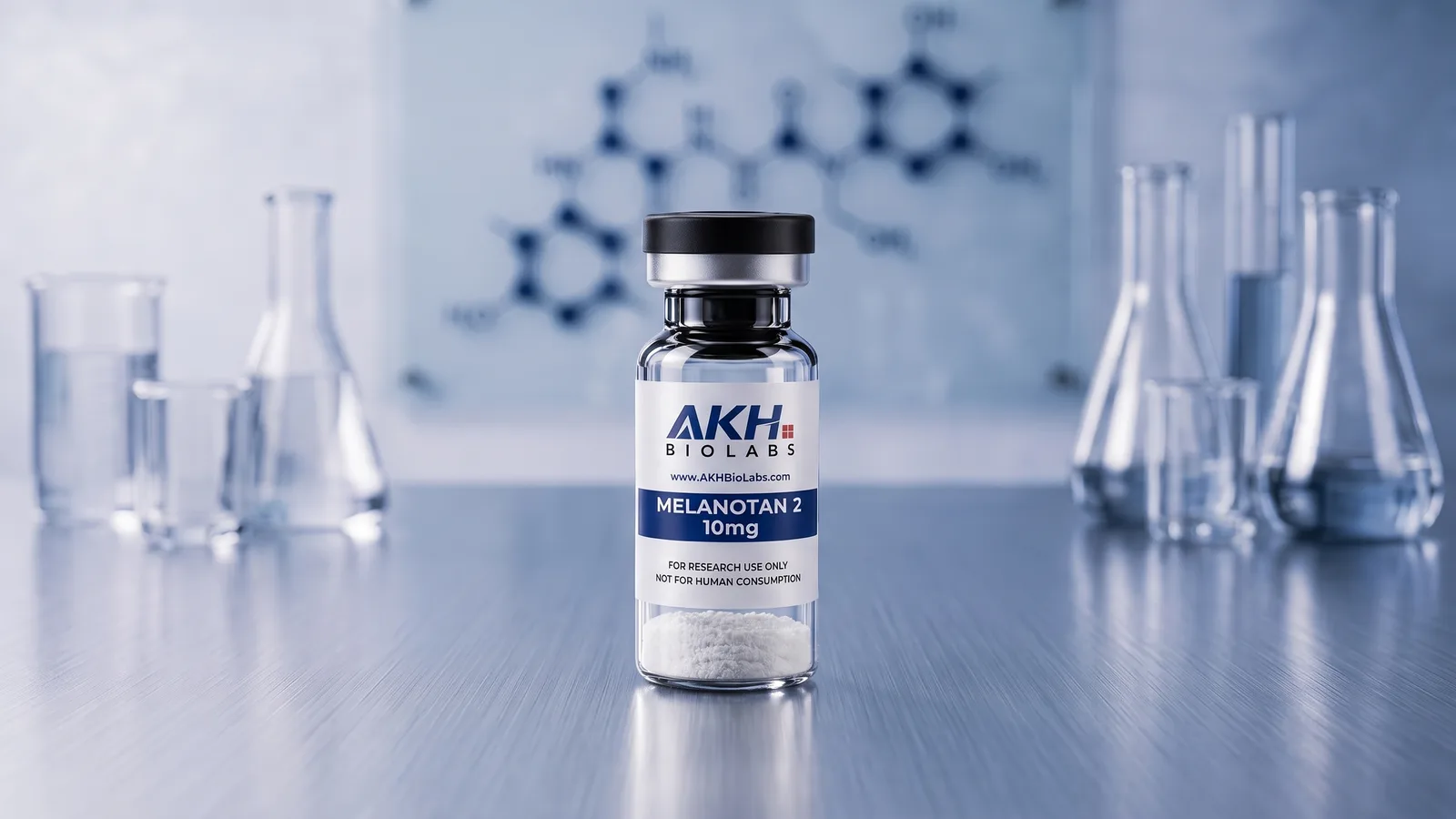 Melanotan 2 research vial on a laboratory bench