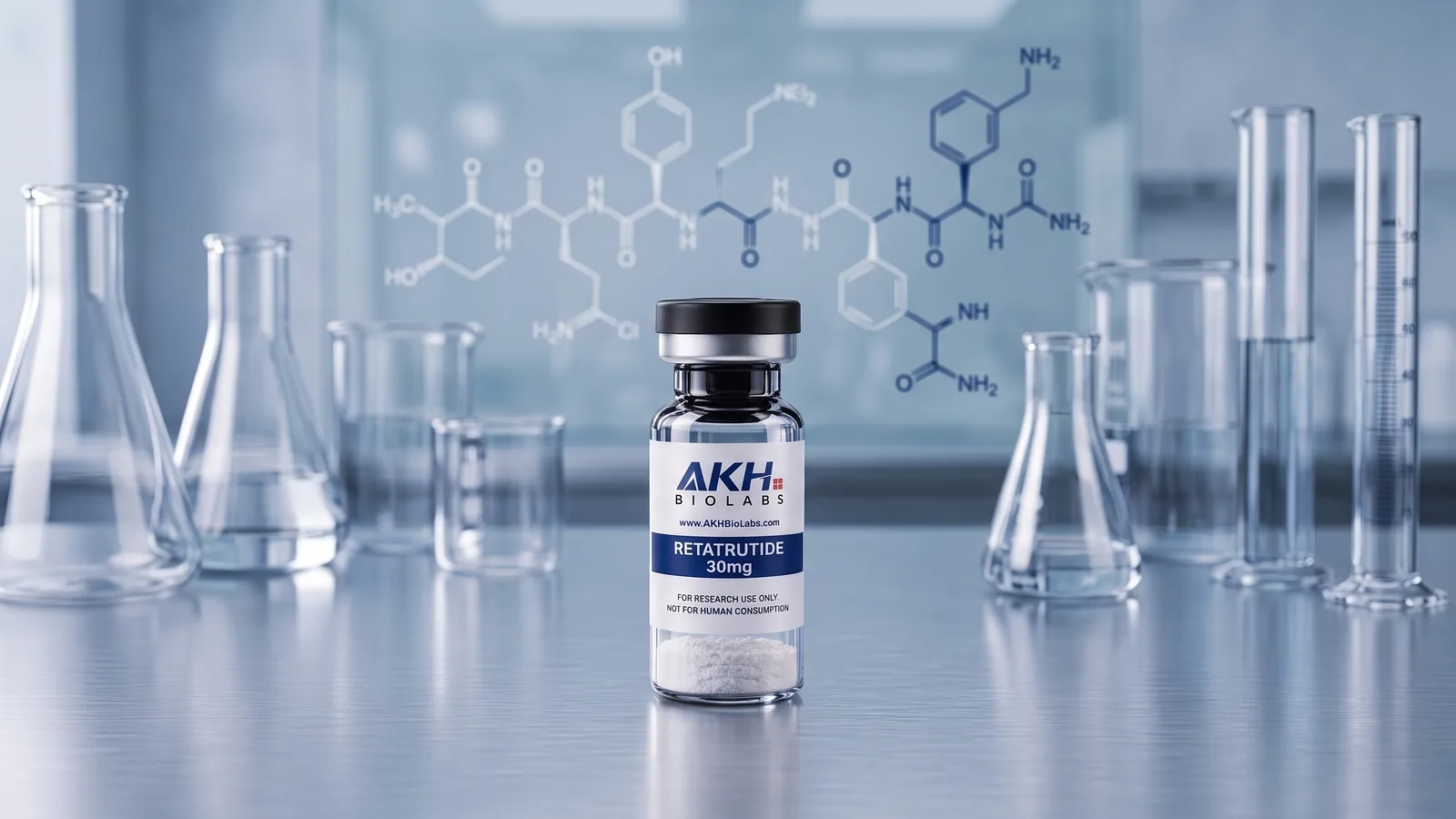 Retatrutide research vial on a laboratory bench