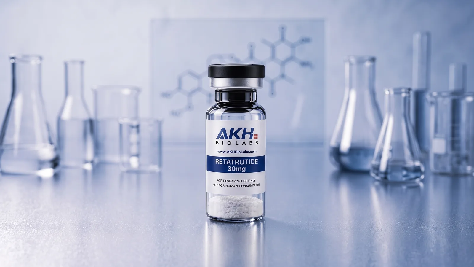 Retatrutide research vial on a laboratory bench